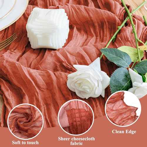 Wokceer Fall Table Runner Cheesecloth 10FT Boho Gauze Terracotta Cheese Cloth Table Runner Christmas Thanksgiving Rustic Sheer Runners for Baby Bridal Shower Wedding Easter