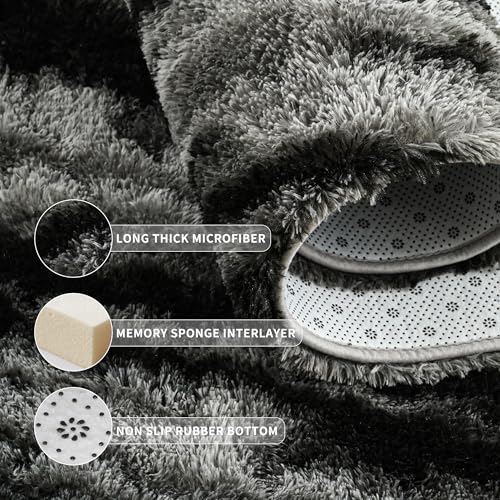 Tepook Black Grey 6x9 Fluffy Shag Rug for Living Room & Bedroom