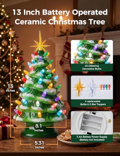 Snow-Flocked 13in Brightown Pre-lit Ceramic Christmas Tree, Battery Powered | Snow-flocked Variant