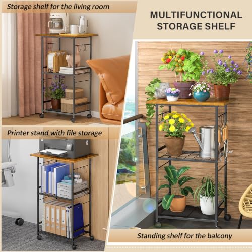 ThreeHio Brown 3-Tier Rolling Kitchen Microwave Cart with Adjustable Shelf