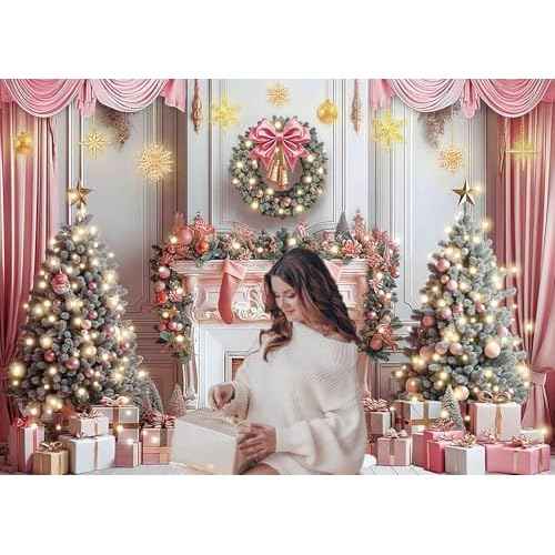Pink Christmas Backdrop for Photography Pink Christmas Tree Fireplace Background for Winter Xmas Holiday Family Party Decoration Banner Photo Studio Props Pictures (7x5FT: 84x60 inch)