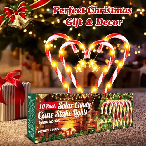 Bonlion 10 Pack 21-Inch Solar Candy Cane Christmas Lights with 10 Modes