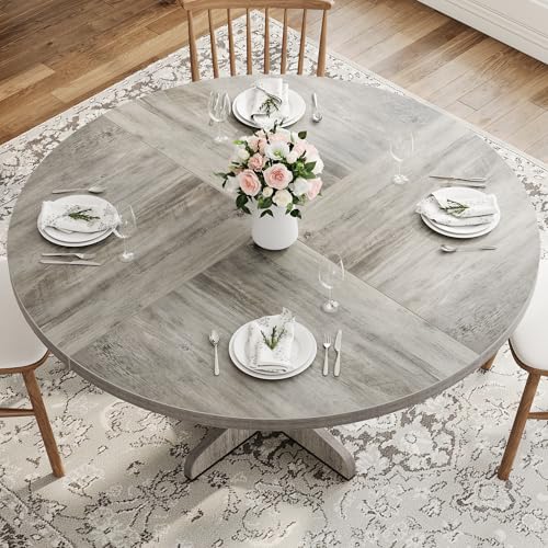 47-Inch Round Farmhouse Dining Table for 4 with Cross-Shaped Metal Base - Grey