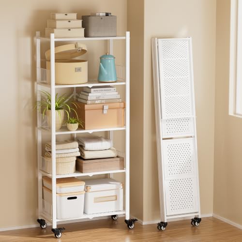 White 5-Tier Folding Storage Shelves with Wheels - No Assembly Needed