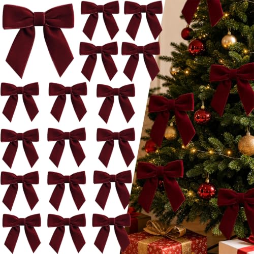 24Pcs Burgundy Red Velvet Christmas Bows - Small Holiday Gift & Decor