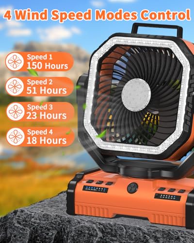 Rechargeable Portable Camping Fan with Power Bank and Remote Control - 12 Inch Orange
