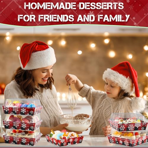 Potchen 100 Pack Christmas Bakery Boxes with Clear Lids - Red & Black Snowflakes