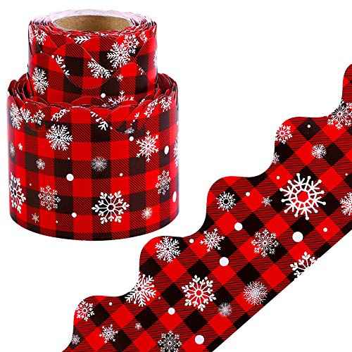 Elcoho Christmas Bulletin Board Border Red and Black Plaid with Snowflake Wave Border Trim for Classroom Decoration, 65.6 feet