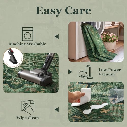 Jainmy 6x9 Dark Green Traditional Area Rug with Medallion Pattern, Low Pile, Non-Slip, Washable for Living Room & Bedroom