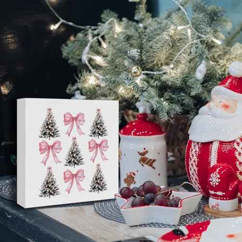 HONLUNG Christmas Tree Decorations Sign,Pink Bows Wooden Box,Christmas Decorations for Home Office Bedroom Living Room Shelf Desk Decor, 5x5 Inches