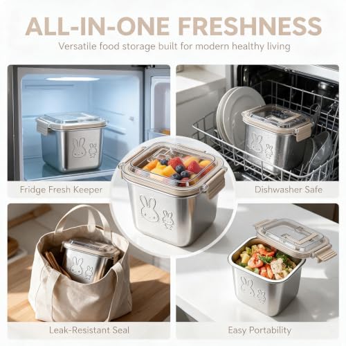 Stainless Steel Lunch Box Set with Handle Lids - 4 Pack, Leakproof, 850ml, Reusable Food Containers with Rabbit Print