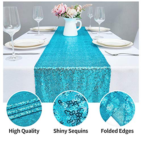 2PCS 12x72 Turquoise Sequin Table Runner - Glitter Wedding Party Decor, 12x72 Inch (2PCS)