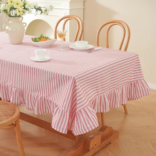 Meioro Red Striped Ruffled Tablecloth 86x55 Inch Cotton Blend Holiday Dining