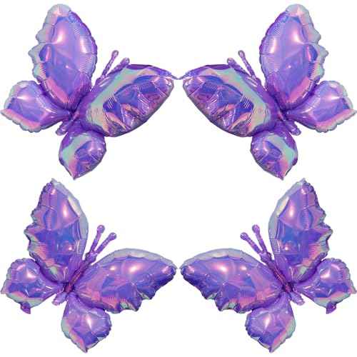 Rainbow Crystal Iridescent Purple Woodland Butterfly Balloon, Sparkle Charmingly 4 Pack Butterflies Balloons For Wedding Birthday Baby Shower Spring Summer Party Decorations Supplies