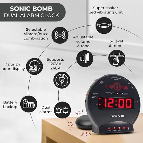 Sonic Bomb Dual Extra Loud Alarm Clock with Bed Shaker, Black & Red – Heavy Sleepers Wake Up Easily