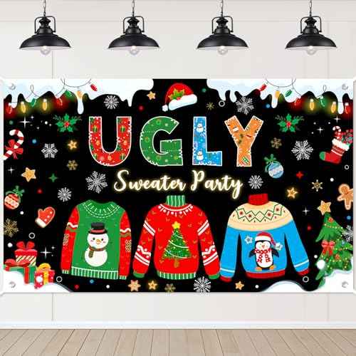 Avezano Ugly Sweater Party Banner Ugly Christmas Sweater Party Decorations Backdrop Xmas Elfed Up Photo Booth Background Banner (6x3.6ft)