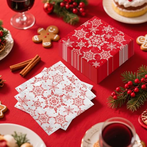 100 Pcs Christmas Snowflake Napkins - Red & White Holiday Paper Napkins for Xmas Party