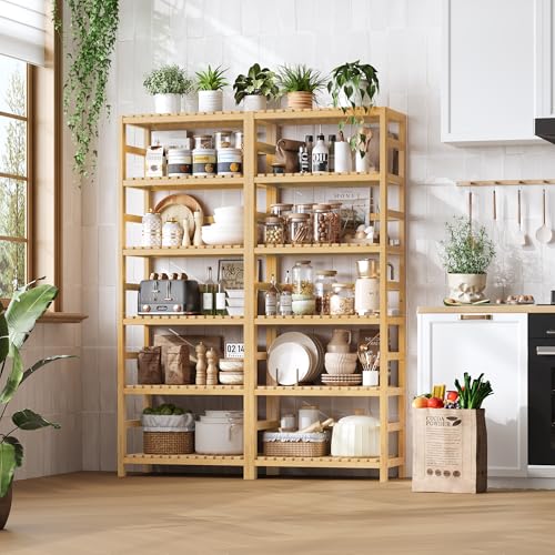 FOTOSOK Natural 6-Tier Bamboo Shelf with Adjustable Shelves for Kitchen & Home Storage