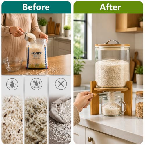 5L Rice Dispenser with Airtight Lid & Wooden Stand - Food Storage Container