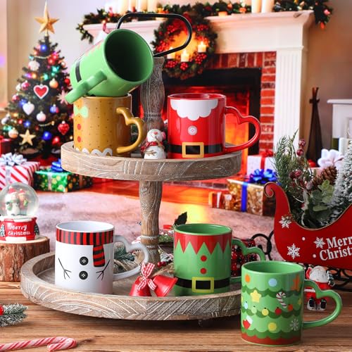 Christmas Colorful Mug Set of 6 - 10 OZ Ceramic Holiday Coffee Cups with Santa Snowman