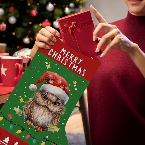 KFXHANGD Owl Christmas Stocking - 18 Inch Holiday Decor for Fireplace, Kids, Women, Men, Red & Green Xmas Gift Hangings - Variation: Owl