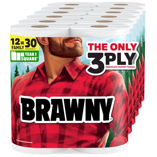 Brawny Tear-A-Square 3-Ply Paper Towels Family Pack, 12 XL Rolls (100 Sheets Each)