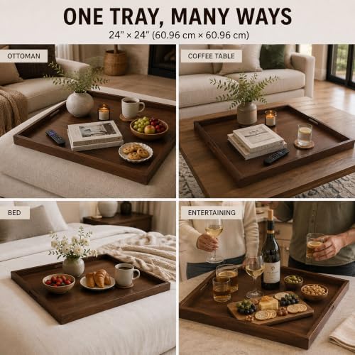 BARsics 24x24 inches Square Walnut Wooden Ottoman Tray, Large Living