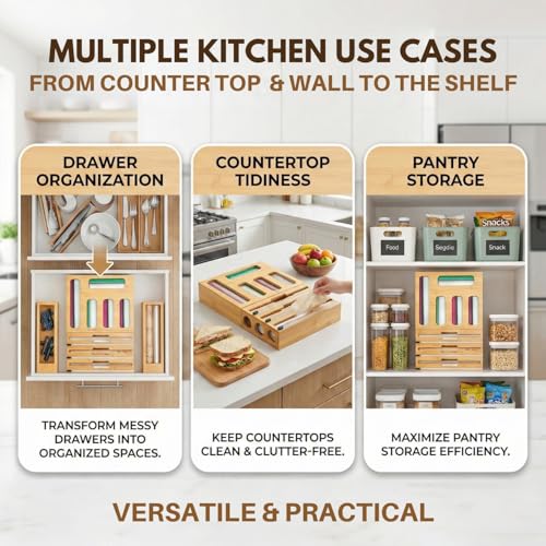 9-in-1 Bamboo Drawer Organizer for Food Wraps & Storage Bags with Cutter