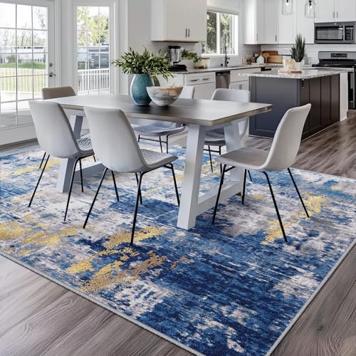 Washable Abstract Area Rug 8x10 ft for Living Room - Blue & Gold, Non-Slip