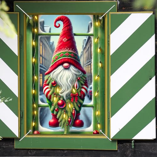 IVN Christmas Gnome Window Banner 31x47 Inch - Santa Hat, Pine Branch Holiday Decor