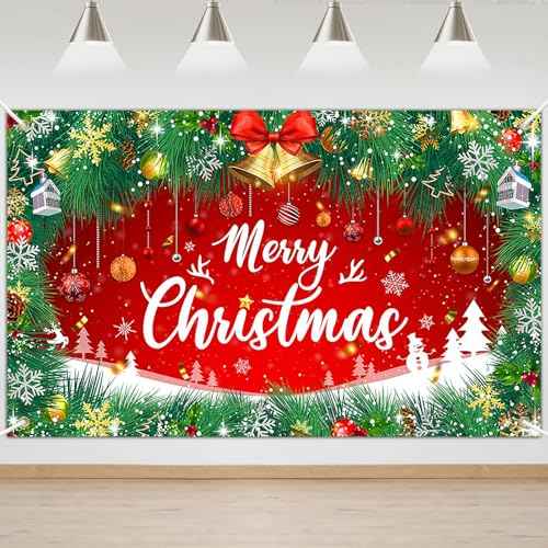 Merry Christmas Backdrop 6x4 ft Christmas Banner Red Green Garland Jingle Bell Holiday Photo Background Xmas Party Decorations