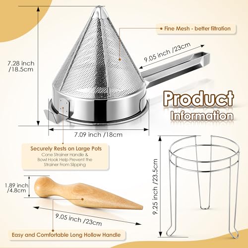 Stainless Steel Conical Strainer Set with Stand and Wooden Pestle for Food Purees