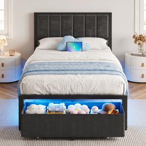OLEVS Twin Size Bed Frame with Large Storage Drawer, Charging Station & RGB LED Lights - Dark Grey