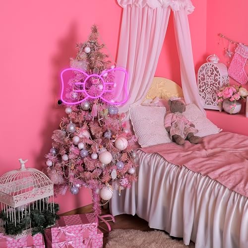 Nuanchu Pink LED Christmas Tree Topper with Bow and Neon Light - Cute Holiday Decor