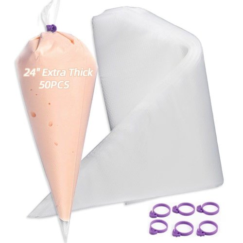 24 Inch Extra Large Piping Bags Disposable,50 Pack Thick Pastry Bags with 6 Bag Ties, Heavy Duty Icing Bags for Frosting,Cream and Pastry Filling,Cake Decorating bags