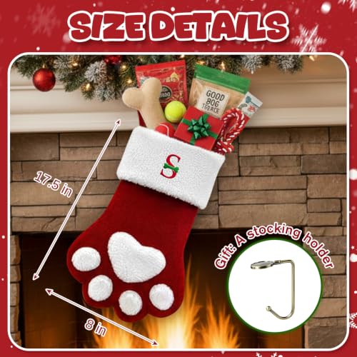 Pet Christmas Stocking with Initials - Large Embroidered Monogram Paw Shape, Red Paw Letter K