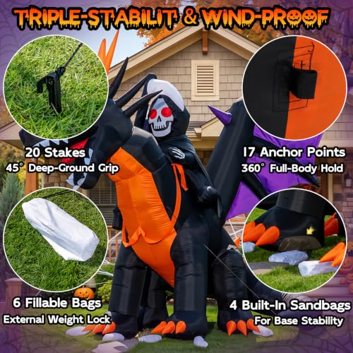 11.5FT Animated Grim Reaper & Dragon Halloween Inflatable - Moving Head, Glowing Eyes