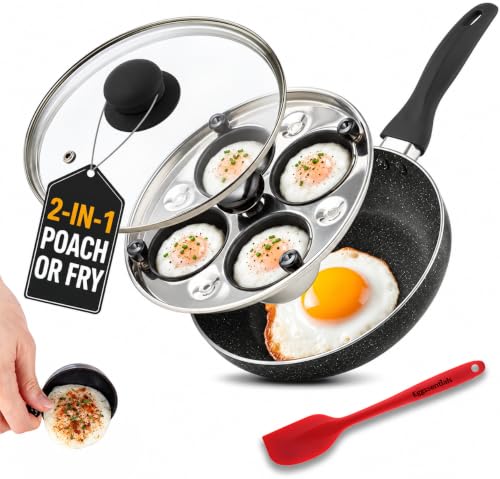 4 Cup Egg Poacher and Frying Pan Set - Nonstick Granite Coating with Lid & Spatula