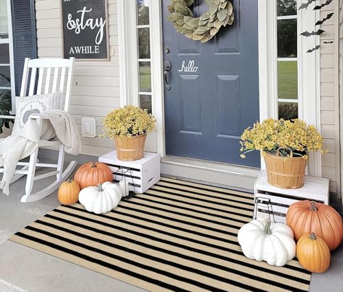 Outdoor Washable Rug 3x5 Feet Black and Tan Striped Porch Rug - Waterproof, Indoor/Outdoor