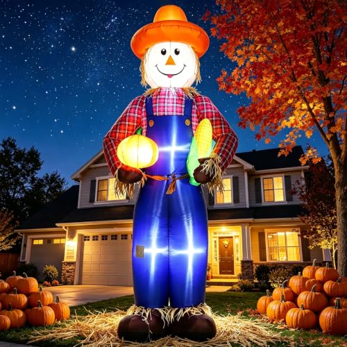 DomKom 12FT Fall Inflatable Scarecrow with LED Lights, Harvest Thanksgiving Yard Decor