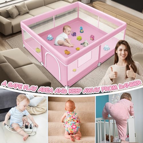 Pink Baby Playpen 50x50 Inch Indoor Outdoor Play Yard with Mesh & Fabric