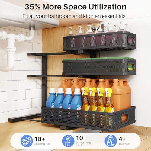 Under Sink Organizer 3-Tier Metal Pull-Out Shelf, Height Adjustable, 2-Pack Black
