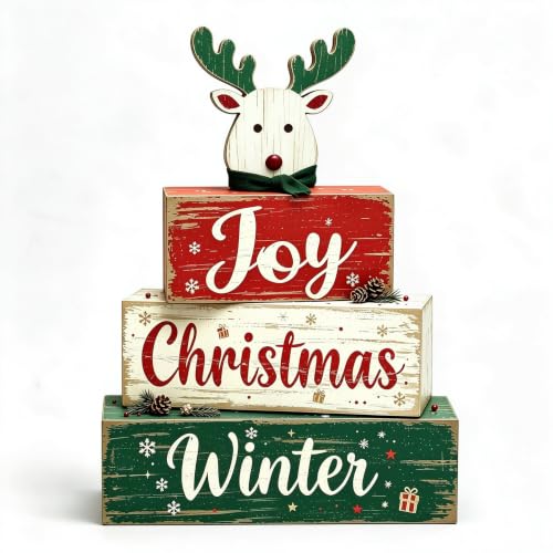 Elk Reindeer Christmas Wooden Tiered Tray Decor with Joy Winter Sign - Rustic Farmhouse Holiday Tabletop Display