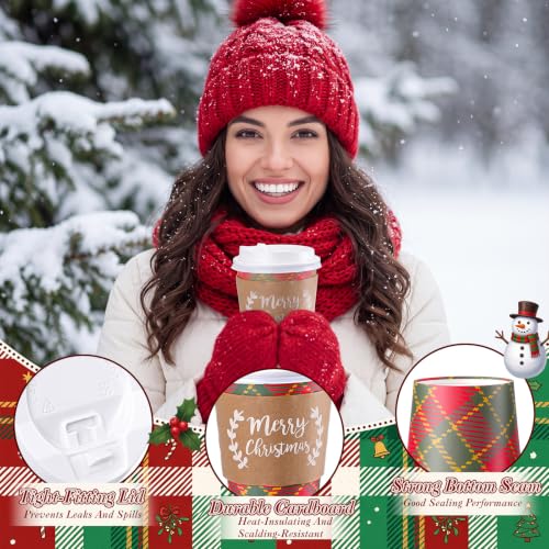 Mimorou 180Pcs 8oz Christmas Plaid Coffee Cups with Lids & Sleeves - Red Green