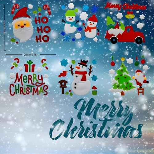Gift&Fun Christmas Gel Window Clings,6 Pieces Set, Holiday Decorative Stickers with Santa, Snowman, Tree Designs, 7.9x7.9Inch (Christmas Window Gel Cling Snowman 6 Sheets)