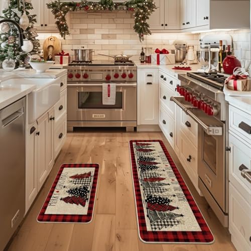 Artoid Mode Red Buffalo Plaid Xmas Tree Kitchen Mats Set of 2, 17x29 & 17x59 Inches