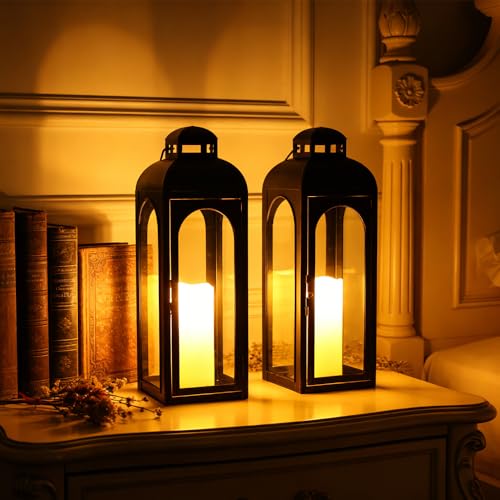 NEEDOMO 22-Inch Set of 2 Bronze Metal Lanterns with Tempered Glass Panels - Indoor & Outdoor Decorative Hurricane Lights