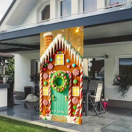 Christmas Door Cover Christmas Gingerbread House Hanging Banner Candy Gingerman Backdrop Front Door Porch Sign Photography Background Winter Xmas New Year 35x71 £¨Banner, Not a Real Wreath£©