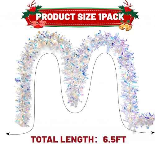 LAWOHO 6.5FT/2M Christmas Tinsel Garland with 40 LED Lights, Shiny Iridescent Foil Decorations for Christmas Tree, Wedding Birthday Party Supplies, New Year Holiday Parties, Indoor Hanging Home Decor