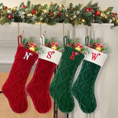 Christmas Stockings with Initials, Letter A Embroidered Xmas Stockings, 18" Large Monogram Knitted Xmas Stocking, Christmas Party Fireplace Family Hanging Stocking Decorations(1 Pack, Red)